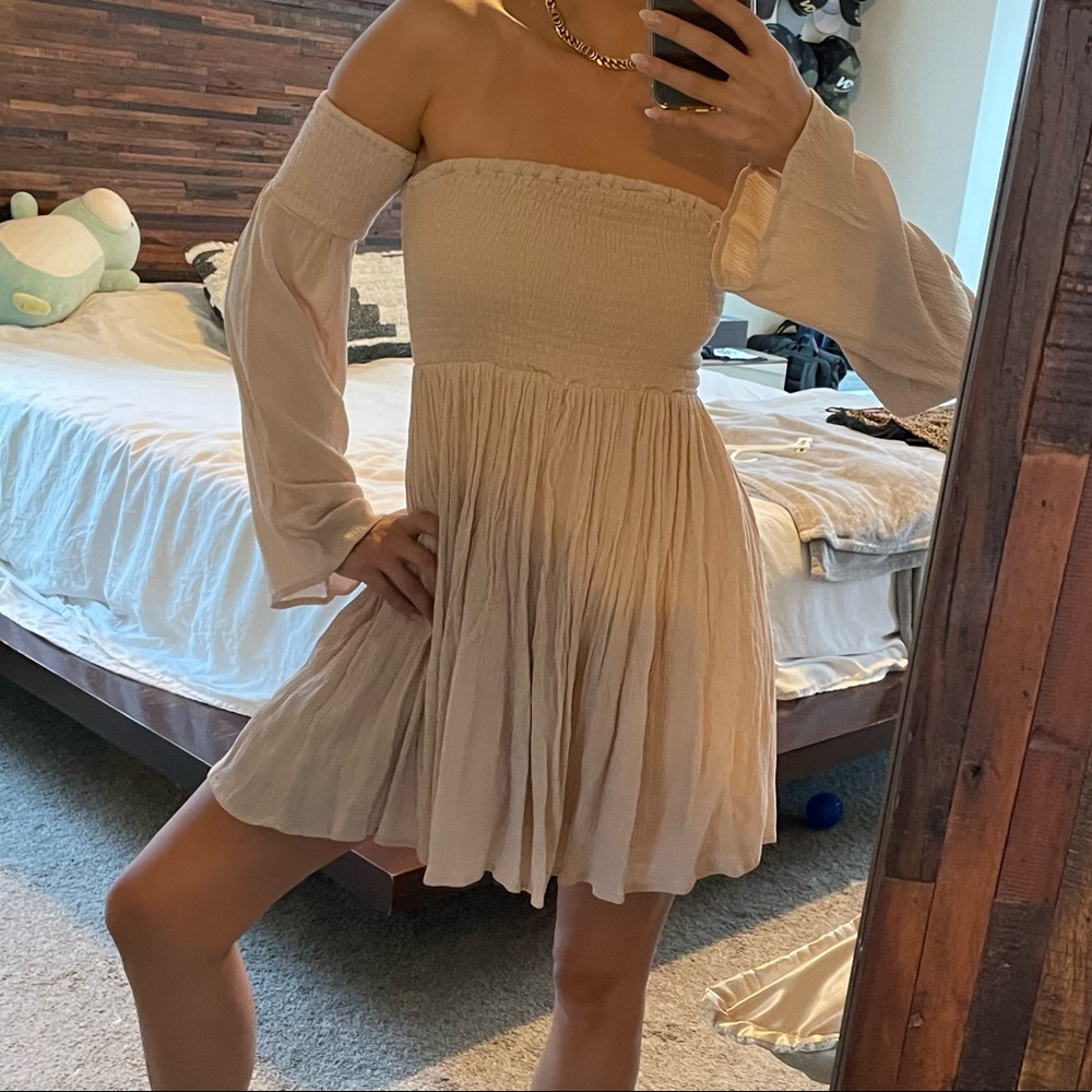 Tobi - cream/beige Tube Mini Dress w/ removable boho sleeves